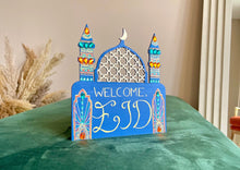 Load image into Gallery viewer, dual sign in royal blue with gold orange and teal accents