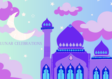 Load image into Gallery viewer, colourful gift card with mosque design and on a sky background with crescent moon, clouds and stars
