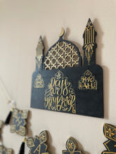 Load image into Gallery viewer, Hajj Celebrations and Commemorative Gift Bundle. Hand Painted in Black and Gold. Banners, Star Garland and Personalised Plaque