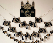 Load image into Gallery viewer, Hajj Celebrations and Commemorative Gift Bundle. Hand Painted in Black and Gold. Banners, Star Garland and Personalised Plaque