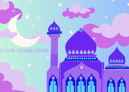 colourful gift card with mosque design and on a sky background with crescent moon, clouds and stars