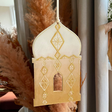 Load image into Gallery viewer, Decorative lantern with gold patterns hanging against a neutral background
