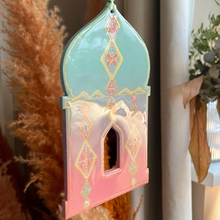 Load image into Gallery viewer, Decorative lantern with pink and blue colors hanging against a neutral background.