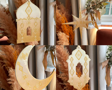 Load image into Gallery viewer, Decorative items including a star, crescent moon, and lantern hanging against a neutral background.