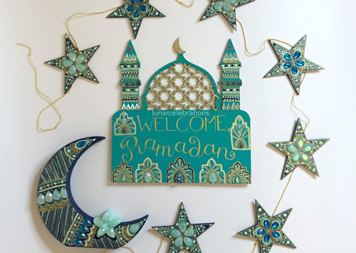 Dusk Dual Ramadan & Eid Welcome Sign with Moon & Star Garland