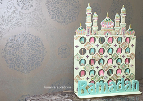 ivory countdown calendar with pink and mint green tags